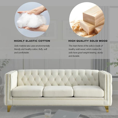 mikibama 80.5" Velvet 3 Seater Sofa Couch for Living Room,Button Tufted 3-Seat Couches with Nailhead Trims,Modern Upholstered Sofas with Golden Metal Legs for Bedrooom,Office