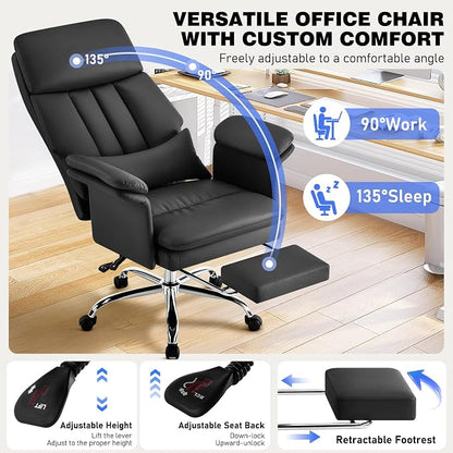 Leather Home Office Chair with Footrest 400lbs, High Back Rolling Desk Chair with Lumbar Support Soft Armrests, Excutive Office Chairs with Wheels Height Adjustable Rocking Swivel Functions,Black
