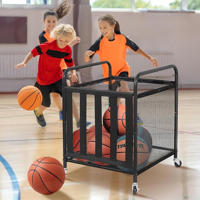 STO STO 2 Pack Rolling Sports Ball Storage Cart, Lockable Basketball Cage with Elastic Straps, Sport Equipment Holder Organizer for Indoor Outdoor, Steel Storage Rack for Playgroud and Gym, Black