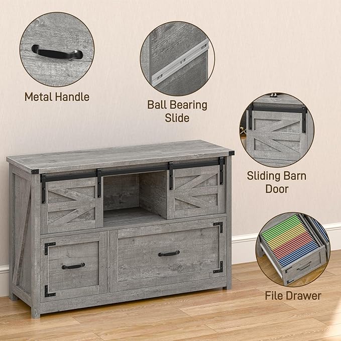 Halitaa Lateral File Cabinets 2 Drawer with Sliding Barn Doors, Farmhouse Filing Cabinet with 2 Drawer for Home Office，Filing Organization Storage Cabinets for Hanging Files Letter/Legal/F4/A4. Grey