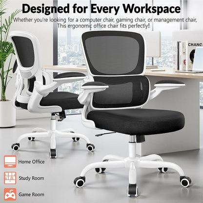 BESTFAIR Ergonomic Mesh Office Chair, Breathable Mesh Computer Desk Chair, Adjustable Lumbar Support, Flip-up Armrests, Executive Swivel Chair for Home Office, White