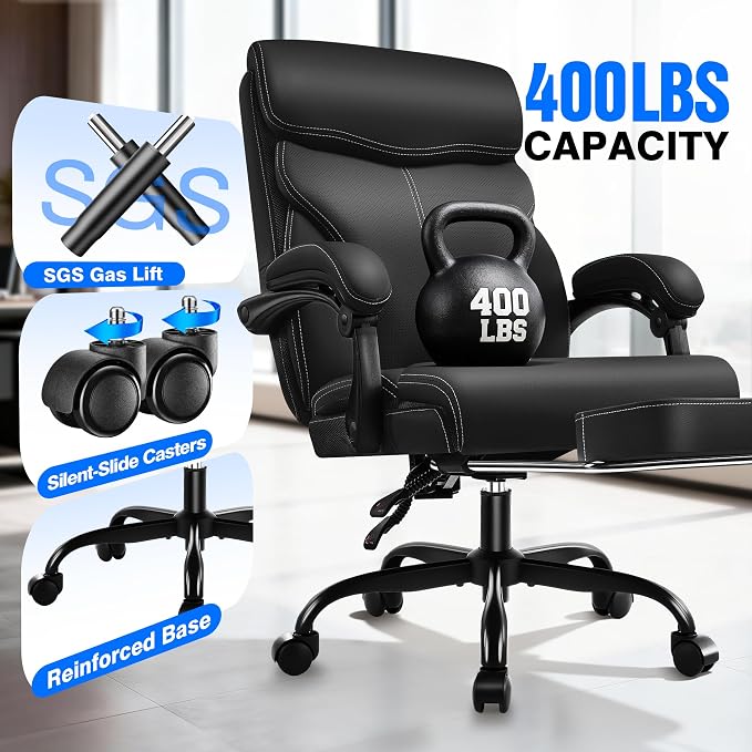 AreShark Ergonomic Office Chair with Footrest - High Back Executive Leather Desk Chair, Breathable Reclining Computer Chair with Lumbar Support, Heavy Duty Swivel Task Chair for Home Office & Gaming