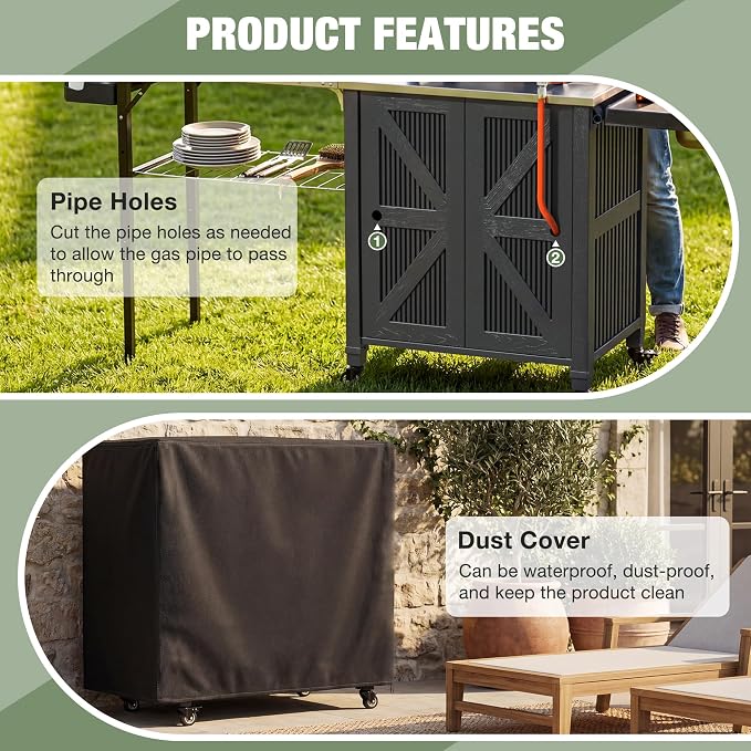 3-in-1 Outdoor Grill Cart with Sink & Faucet, Stainless Steel Top Outdoor Kitchen Island, Prep Table with Foldable Side Table, Storage Cabinet, Rolling Grill Station with Wheels for Patio, Backyard