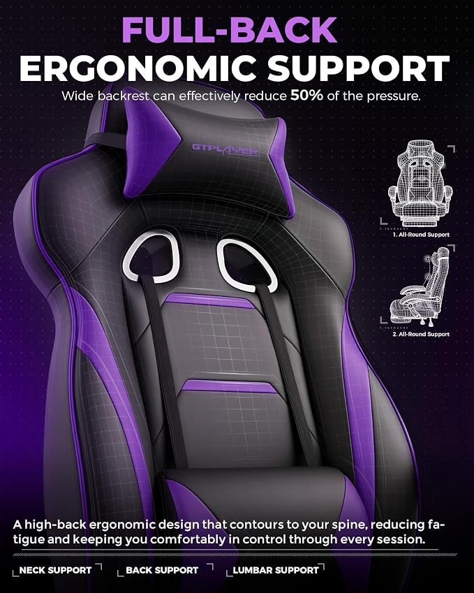 GTPLAYER Gaming Chair with Footrest, Big and Tall Game Chair 350lb Racing Style Computer Chair, Ergonomic Executive Office Chair High Back with Lumbar Support and Recliner, Purple