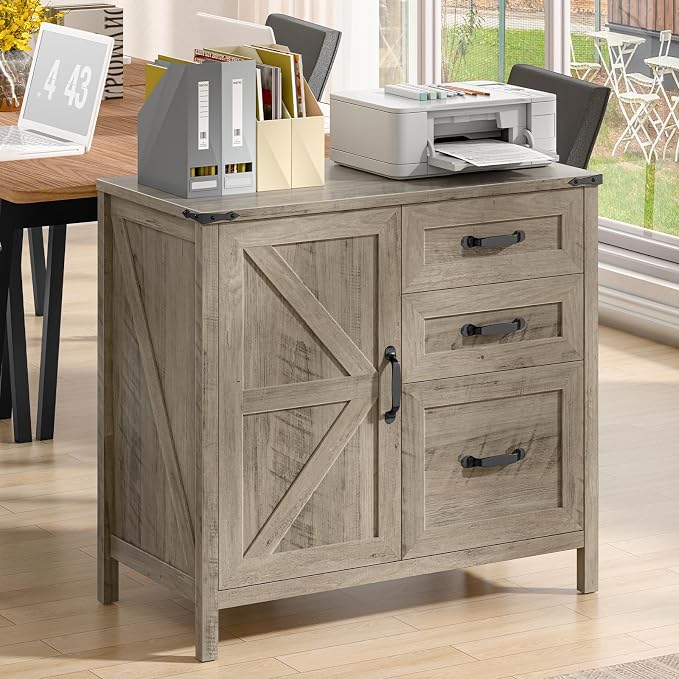 Befrases File Cabinet 3 Drawers Lateral File Cabinet with Adjustable Shelf for Letter/A4 Size Hanging Files, Large Wood File Storage Cabinets Printer Stand for Home Office, Grey