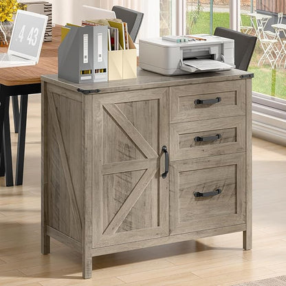 Befrases File Cabinet 3 Drawers Lateral File Cabinet with Adjustable Shelf for Letter/A4 Size Hanging Files, Large Wood File Storage Cabinets Printer Stand for Home Office, Grey