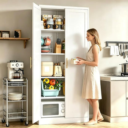 71" H Metal Storage Cabinet, Tall Storage Cabinet with Doors & 4 Adjustable Shelves, White Pantry Cabinet for Kitchen, Dining Room & Living Room