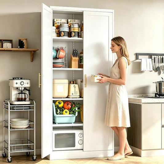 71" H Metal Storage Cabinet, Tall Storage Cabinet with Doors & 4 Adjustable Shelves, White Pantry Cabinet for Kitchen, Dining Room & Living Room