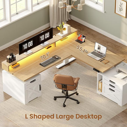 SEDETA Farmhouse L Shaped Standing Desk, 70.1" x 73.2" Height Adjustable Home Office Executive Desk with Drawers, Power Outlet, Monitor Stand, Sit Stand Table with Led Lights for Home Office, Oak