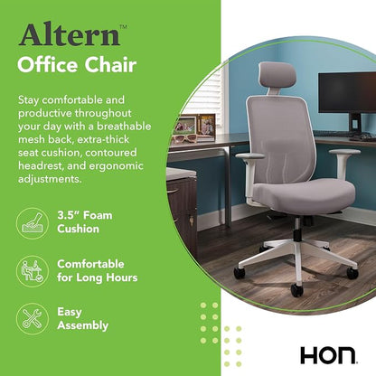 HON Altern Ergonomic Office Chair with Headrest, Mid‑Back Mesh Desk Chair, Adjustable Arms, Seat Slide, Synchro‑Tilt, Rolling Computer Seat for Home Office, White Frame, Fog