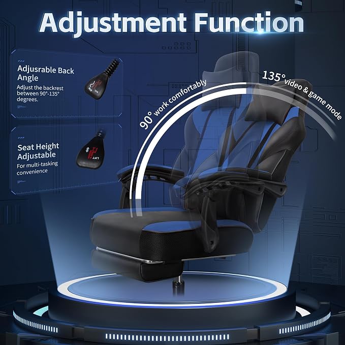 DL-win Gaming Chairs for Adults, Computer Chair with Footrest and Ergonomic High Back, Big and Tall Gamer Chairs with Massage Lumbar Support, 360° Swivel Height Adjustable Gaming Chair, Blue