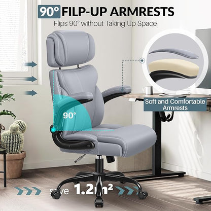Office Chair, Ergonomic Big and Tall Computer Desk Chair with Retractable Adjustable Headrest, Executive Breathable Leather Chair, Lumbar Support Swivel Flip-up Armrests Rocking Function,Matte Gray