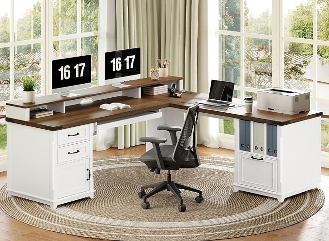 RALGEND Farmhouse 69" Executive L Shaped Desk with Drawer, Home Office Desk with Charging Station, Corner Computer Desk with Monitor Stand, File Drawer, Storage Cabinet, White and Walnut
