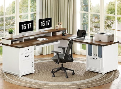 RALGEND Farmhouse 69" Executive L Shaped Desk with Drawer, Home Office Desk with Charging Station, Corner Computer Desk with Monitor Stand, File Drawer, Storage Cabinet, White and Walnut