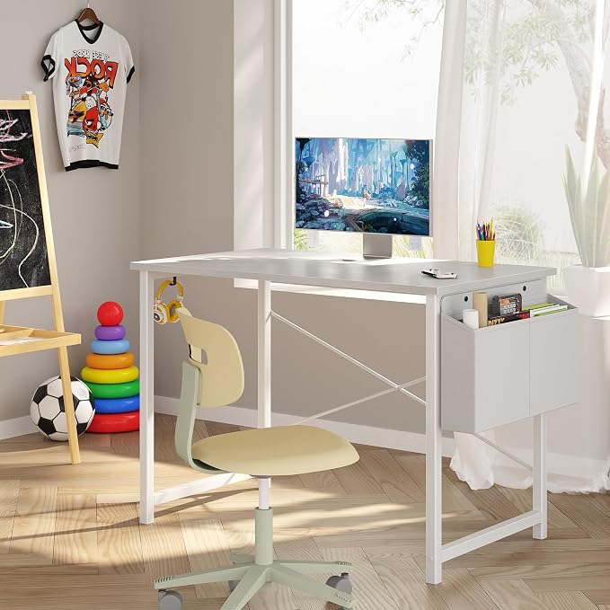 OLIXIS Small Computer Desk, 40 Inch Home Office Desks, Writing Study Craft Work Gaming Table, Computer Workstation for Bedroom Small Spaces with Storage Bag and Headphone Hook, White
