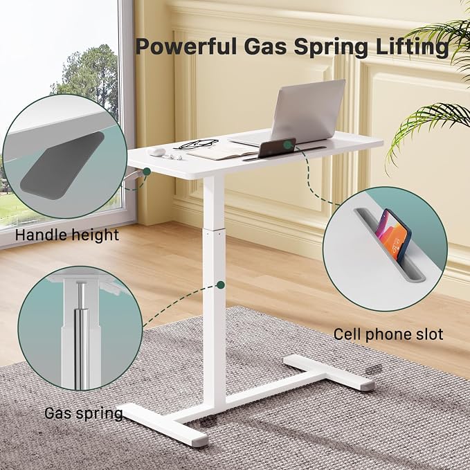 Gibbon Mounts Mobile Standing Desk, 32Inch Pneumatic Adjustable Rolling Desk, Portable Laptop Desk with Wheels, Overbed Bedside Table Laptop Table for Couch, Home, Office, White