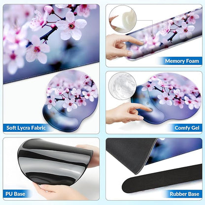 Desk Mat Set + Keyboard and Mouse Pad with Wrist Rest Support,4-in-1 Large Mousepad Computer Mats for Desktop Home & Office-Cherry Bloosom