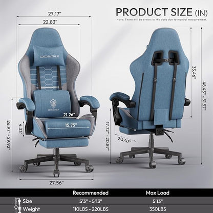 Dowinx Gaming Chair Fabric Big and Tall with Pocket Spring Cushion, Massage Game Chair Cloth with Headrest, Ergonomic Computer Chair with Footrest 350LBS, Blue