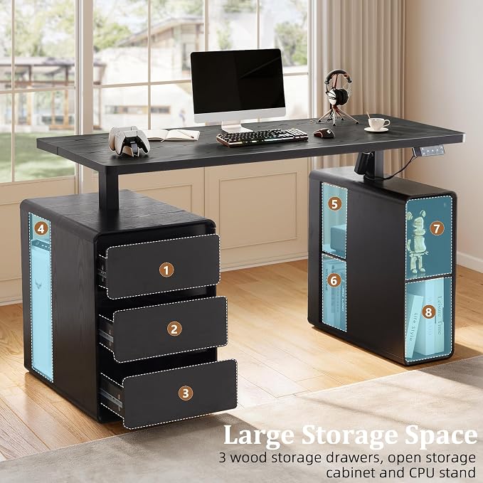 Electric Standing Desk with Drawers, 55" Office Desk Height Adjustable Executive Desk with Storage Shelves, Simple Setup Wood Desk Home Office Stand up Desk for Work, Study, Writing, Black
