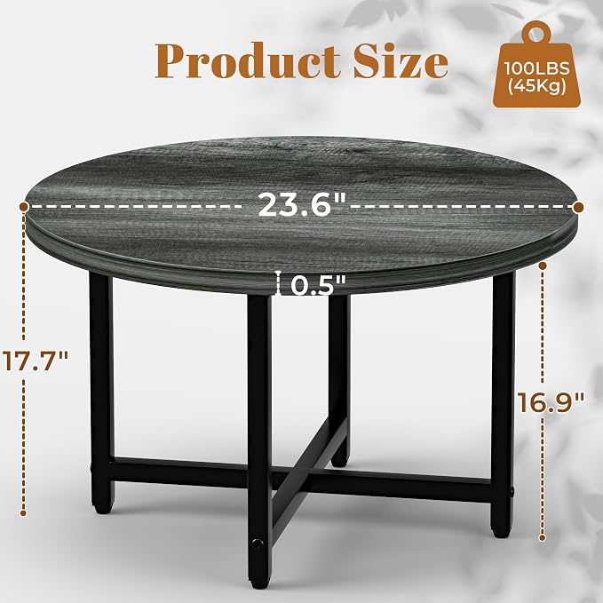 FAMIDGE Round Coffee Table, Small Coffee Tables for Living Room, Wood Coffee Table with Metal Frame, Floor Table Desk for Sitting on The Floor, Home, Office, Farmhouse, Dark Gray (23.6" D x 17.7" H)