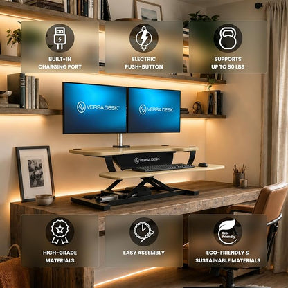 VERSADESK PowerPro 36 Inch Electric Standing Desk Converter – Push-Button Height Adjustable Sit to Stand Desk Riser for Dual Monitors & Laptop – Motorized Desktop Workstation with Wide Keyboard Tray