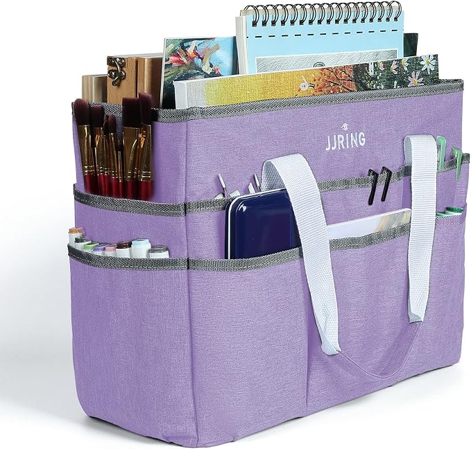 JJRING Craft Organizer Tote Bag, Large Art Storage Caddy with Multiple Pockets, Lilac Sewing Bag for Art, Craft, Scrapbooking, Medical, and Office Supplies Storage