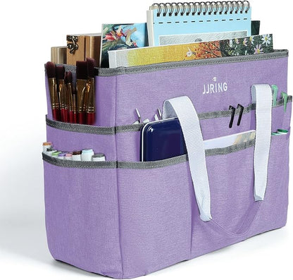 JJRING Craft Organizer Tote Bag, Large Art Storage Caddy with Multiple Pockets, Lilac Sewing Bag for Art, Craft, Scrapbooking, Medical, and Office Supplies Storage