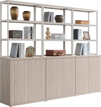 SICOTAS Book Shelf Fluted Bookshelf Cabinet - 75" Tall Bookcase 6 Tier Large Bookshelves with Door Storage Modern Triple Wide Book Shelves Case for Living Room Office Library, Metal Frame, White Alder
