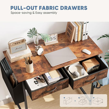32" Small Gaming Desk with Drawers, Home Office Computer Writing Study Table with Storage Side Bag, Headphone Hook, and Adjustable Feet for Bedroom, Rustic Brown
