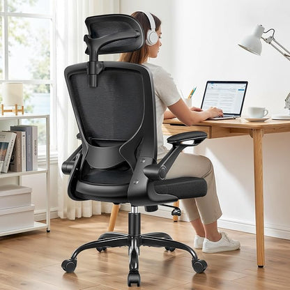 Ergonomic Office Desk Chair, Computer Desk Chair with Adjustable Lumbar Support, FILP-up Arms, Breathable Mesh Home Office Chairs Comfortable for Long Hours, Black