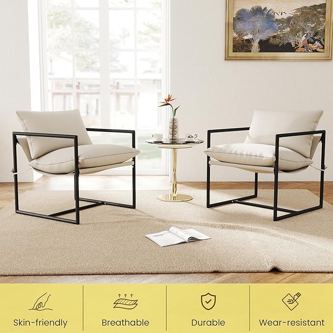 Kromax Sling Accent Chair, Set of 2, Cozy Living Room Chairs, Square Metal Frame, Upholstered Soft Cushion, Sponge, 28" x28“x32, Easy Assembly, Beige
