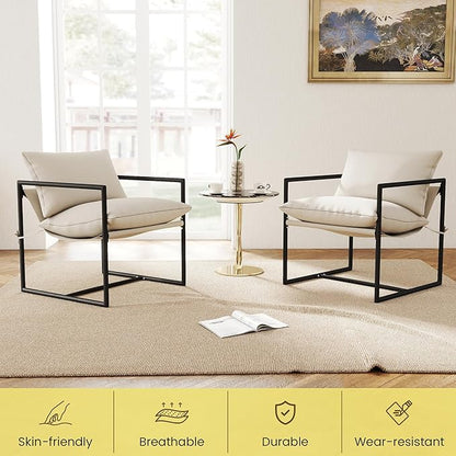 Kromax Sling Accent Chair, Set of 2, Cozy Living Room Chairs, Square Metal Frame, Upholstered Soft Cushion, Sponge, 28" x28“x32, Easy Assembly, Beige