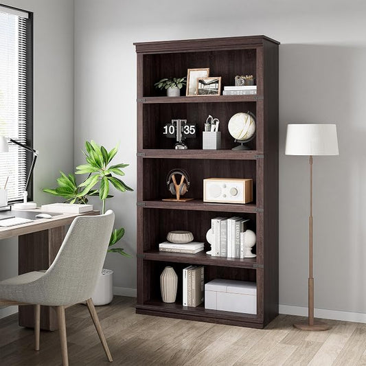 GarveeHome 5 Tier Farmhouse Bookcase, 67.4" Tall Book Shelf with Storage, Wooden Bookshelves 5 Shelf Display Shelvesfor Home Office, Living Room, Bed Room (Cherry, 67.4" H x 31.5" W x 12.8" D)