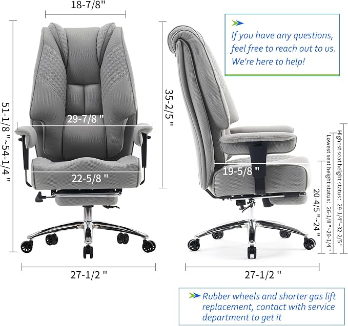 EXCEBET Big and Tall Office Chair 400lbs Wide Seat, Leather High Back Executive Office Chair with Foot Rest, Ergonomic Chairs Lumbar Support for Lower Back Pain Relief (Mesh Light Grey)