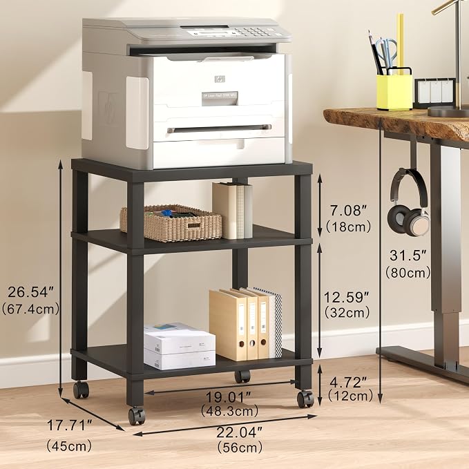3-Tier Printer Stand with Wheels, Large Under Desk Rolling Cart for Office Storage, Heavy Duty Machine Stand with Adjustable Shelf, 22.04"x17.71"x26.54", Black