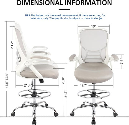HYLONE Drafting Chair, Tall Office Chair Standing Desk Stool with Adjustable Foot Ring, Flip-Up Arms, Mesh High-Back Drafting Table Chair, White & Grey