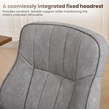 Mid Century Modern Office Chair with Inflatable Lumbar Support, Ergonomic Brown PU Leather Desk Chair with Arms, Height Adjustable Swivel Executive Computer Chair for Home Office, 300lbs