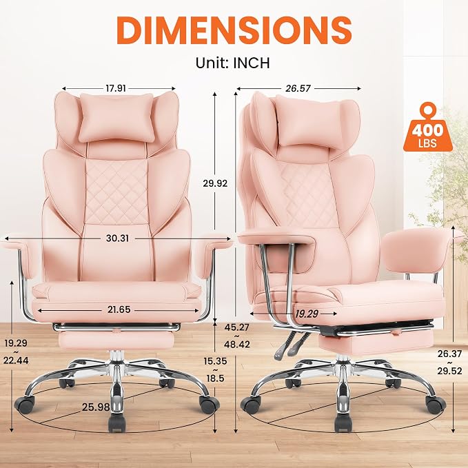 NEO CHAIR Big and Tall Office Chair Gaming Computer Chair High Back Heavy Duty Desk Chai with Lumbar Support Adjustable Recliner Footrest Wide Seat Leather Executive Home with Wheels (Leather Pink)