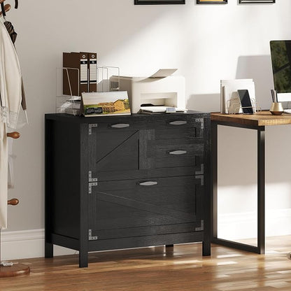 HOMCOM 4 Drawer File Cabinet, Farmhouse Lateral Filing Cabinet with Adjustable Hanging Rails for Letter/A4/Legal Size Files, Printer Stand for Home Office, Black