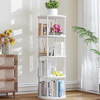 4 Tier White Rotating Kids Bookshelf Tower, Small Narrow Corner Book Shelf For Childrens, Toddler, Nursery Bookcase For Toy, Dispaly white shelves For Bedroom Living Room Office Kitchen Shelf Tower