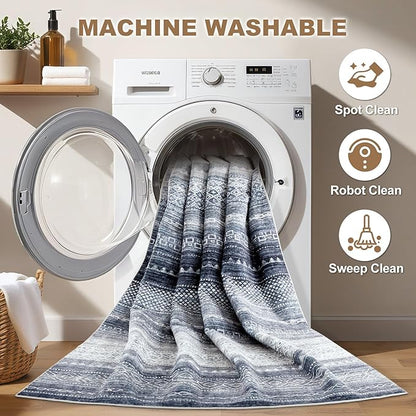 Nakagishi Area Rug Living Room Rugs: 2X6 Machine Washable Boho Large Neutral Farmhouse Stain Resistant Moroccan Indoor Floor Carpet for Bedroom Nursery Dorm Dining Room Home-Denim Blue