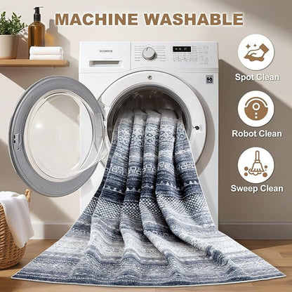 Nakagishi Area Rug Living Room Rugs: 4X6 Machine Washable Boho Large Neutral Farmhouse Stain Resistant Moroccan Indoor Floor Carpet for Bedroom Nursery Dorm Dining Room Home-Denim Blue