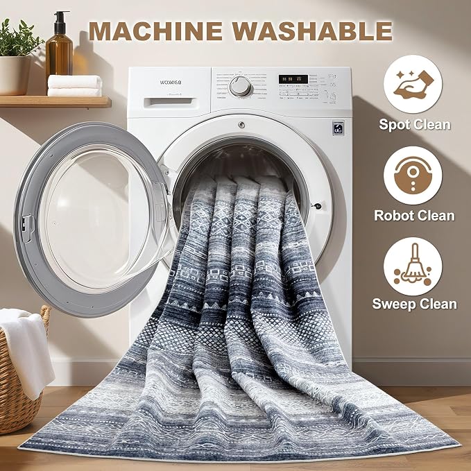 Nakagishi Area Rug 6x9 Living Room: Washable Boho Large Neutral Soft Modern Rugs Stain Resistant Moroccan Indoor Non-Slip Accent Carpet for Bedroom Nursery Kids Playroom Office Dining Room Dorm- Blue