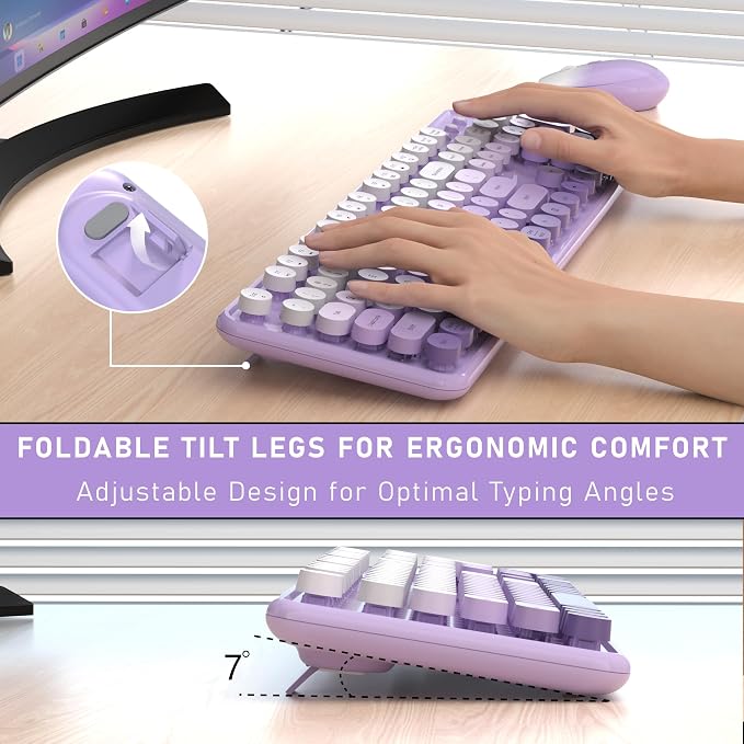 Links9+ Wireless Keyboard and Mouse, Full-Size Retro Typewriter Keyboard with Round Keycaps, 2.4GHz for Windows, Mac, Laptop, PC, Desktop (Purple Gradient)