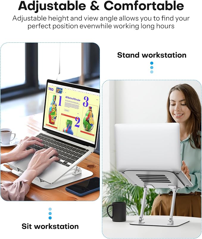 OMOTON Laptop Stand, Adjustable Metal Foldable Riser 10-17.2", Silver | Ergonomic Cooling Laptop Holder, Height Adjustable to 270mm for Sit-Stand, Portable Travel