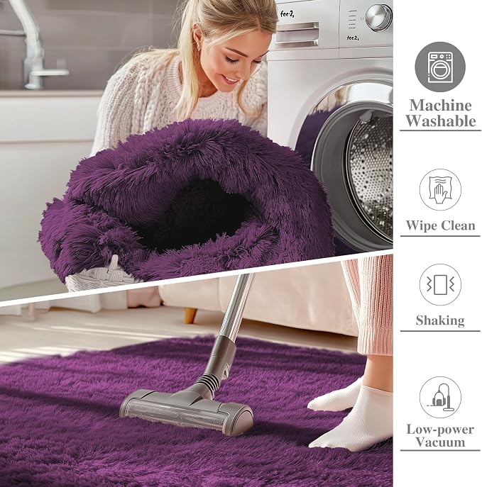 OLANLY 2x4 Machine Washable Runner Rugs for Hallway, Soft Fluffy Shaggy Bedside Rugs for Bedroom, Living Room, Indoor Floor Carpet for Kids Girls and Boys, Home Decor Aesthetic, Dark Purple