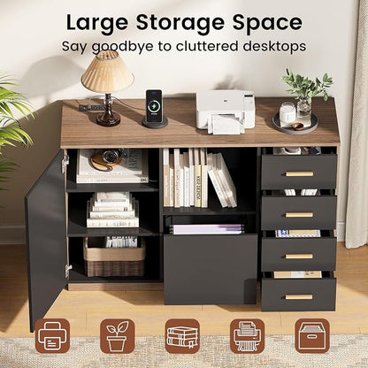 ModernMate File Cabinet with 5 Drawer & Charging Station, 47.2" Office Storage Cabinet with Door & Adjustable Shelves, Printer Stand with Open Shelf for Home Office, Fits A4/Letter Size, Black Walnut