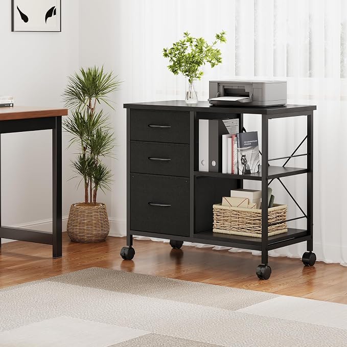 DUMOS 3 Drawer Mobile File Cabinet, Freestanding Fabric Lateral Filing Cabinet Fits A4/Letter Size, Space Saving Rolling Printer Stand with X-Frame and Open Storage Shelf for Home Office, Modern Black