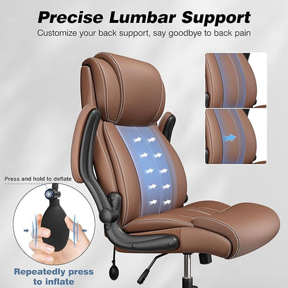BESTFAIR Ergonomic Office Chair - Desk Computer Chair, Leather High Back Executive Chairs with Adjustable Lumbar Support & Flip Up Arms, Brown 2 Pack
