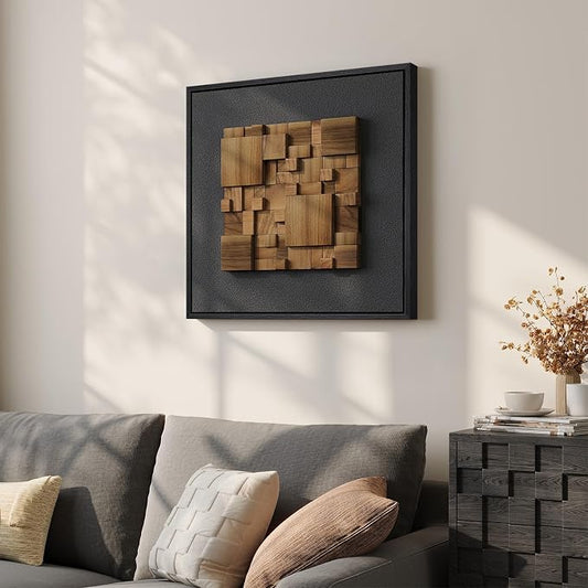 Framed 3D Textured Wood Abstract Wall Art Decor for Living Room, Modern Square Geometric Wooden Artwork for Walls, Minimalist Black Sandstone Wall Decor for Hallway, Kitchen, Bedroom, Office, 20x20